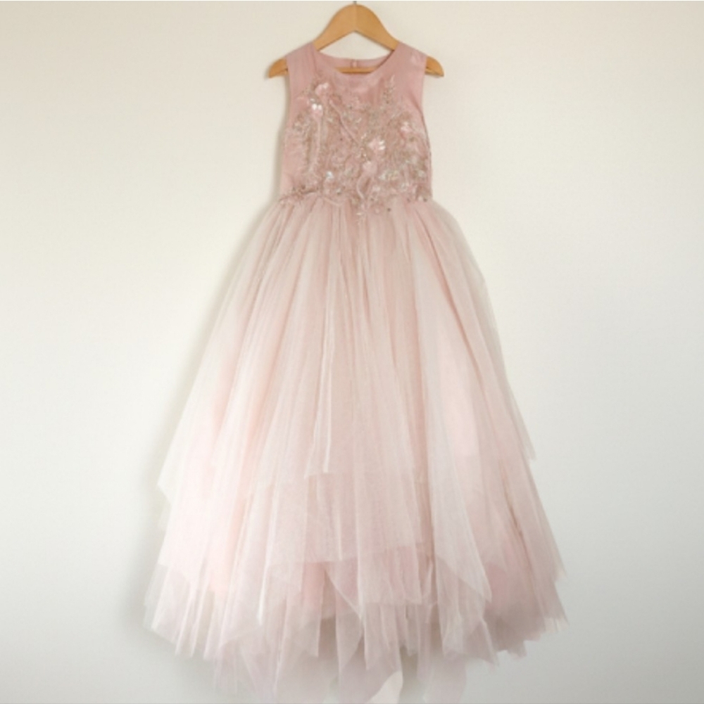 Little Miss Aoki Pink Tiered Tulle Flower Girl Dress Formal Gown Size 9Y